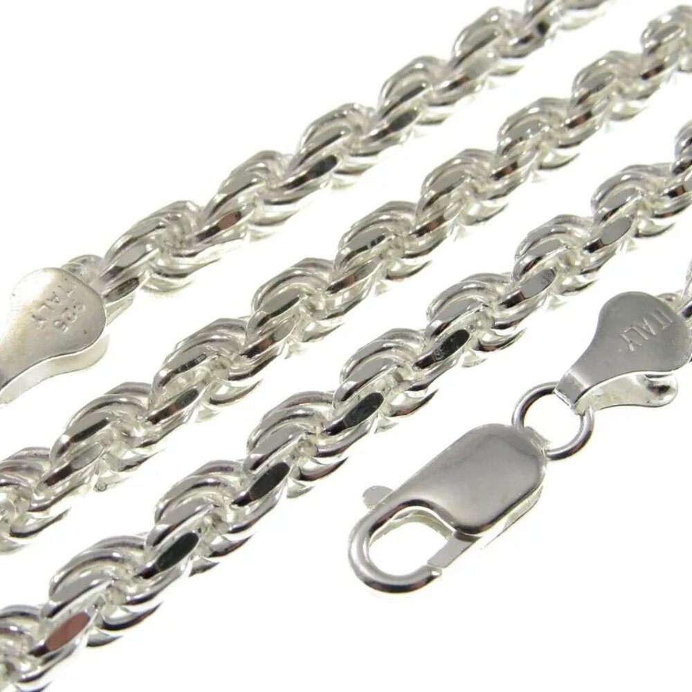 5Mm Solid 925 Sterling Silver Diamond Cut Rope Chain Bracelet Or Necklace Italy